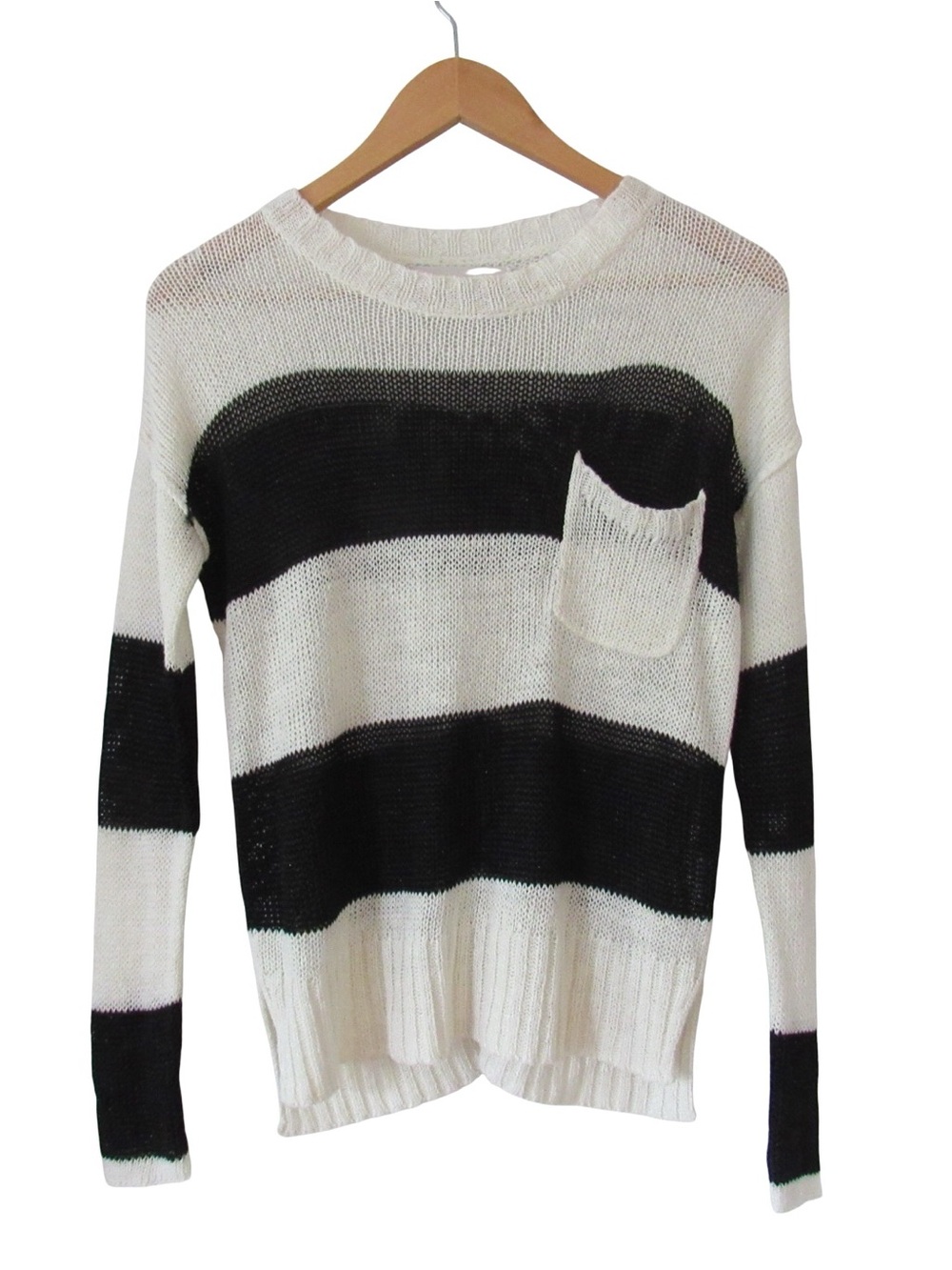 Brochu Walker Black White Striped Sweater P Pocket Linen Blend Open Knit Flaw